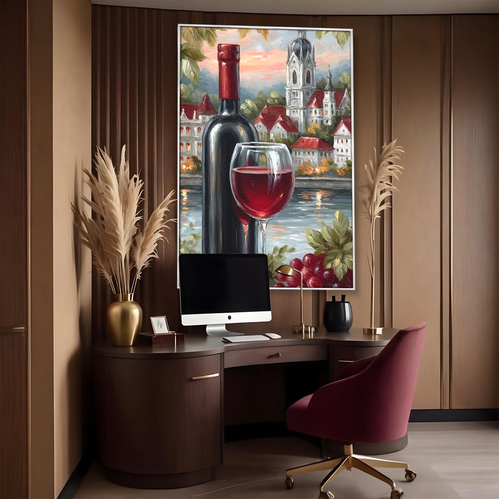Tablou canvas cu pictura cu sticla de vin si oras, in rama de aluminiu argintiu, pe perete intr-un birou